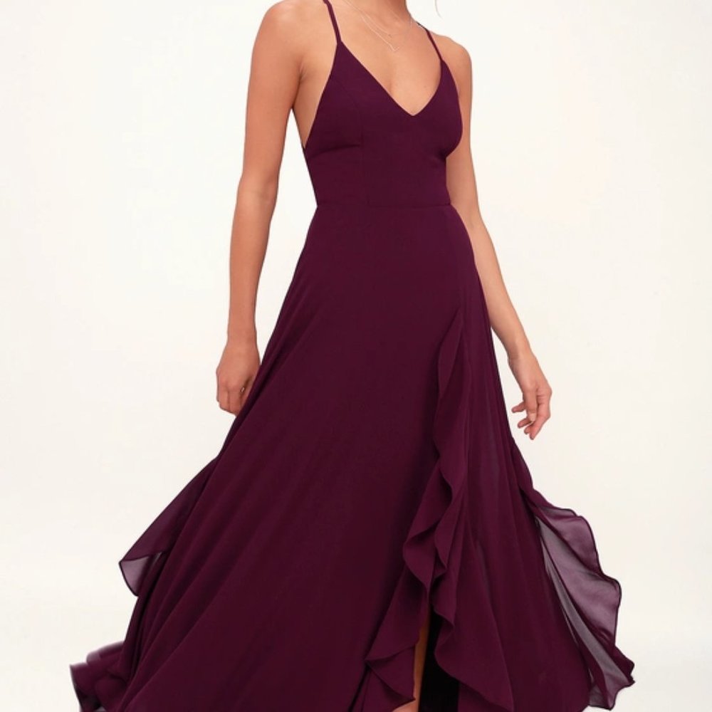 Lulu's Plum Purple Ruffled Lace-Up Maxi Dress NEW